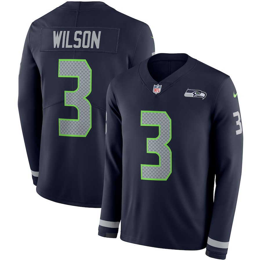Men Seattle Seahawks #3 Wilson blue Limited NFL Nike Therma Long Sleeve Jersey->denver broncos->NFL Jersey
